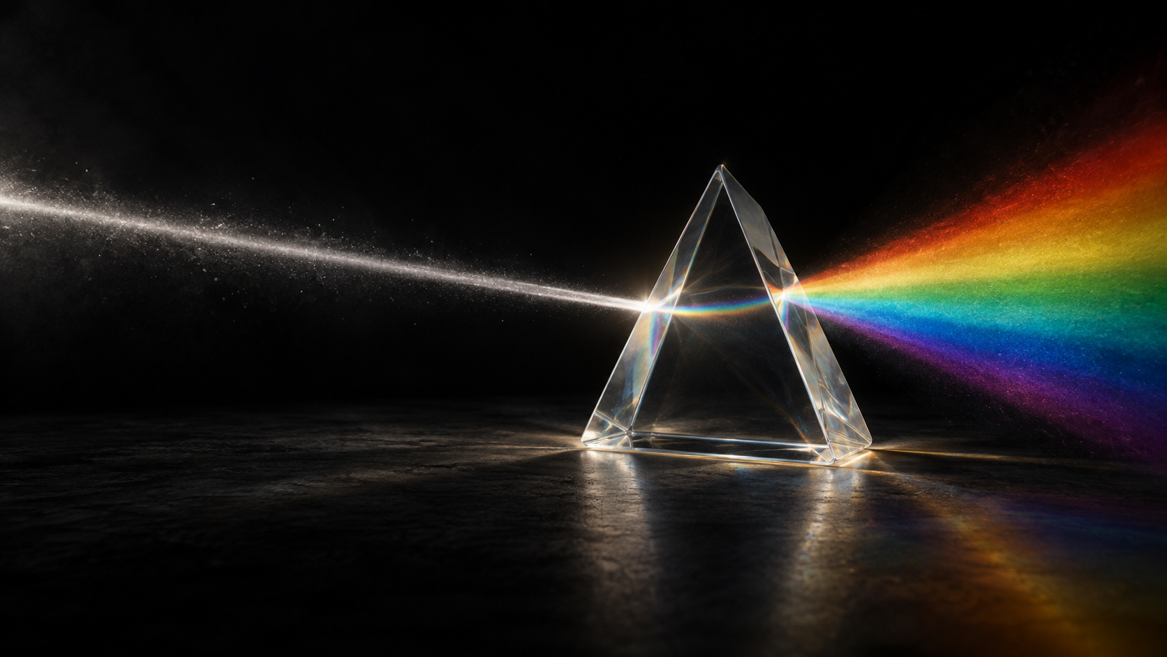 White light passes through a clear glass prism and spreads into a luminous rainbow spectrum against a dark background.